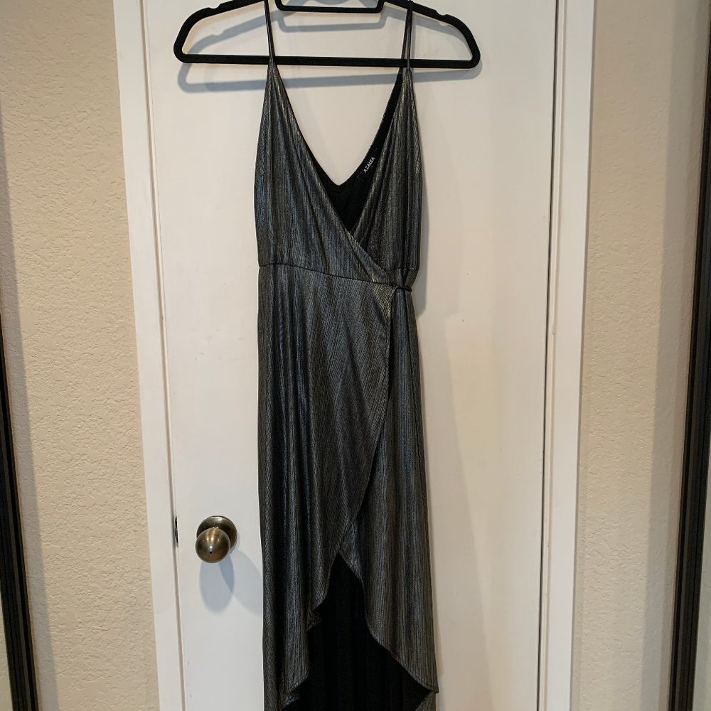 Silver high-low sleeveless wrap dress